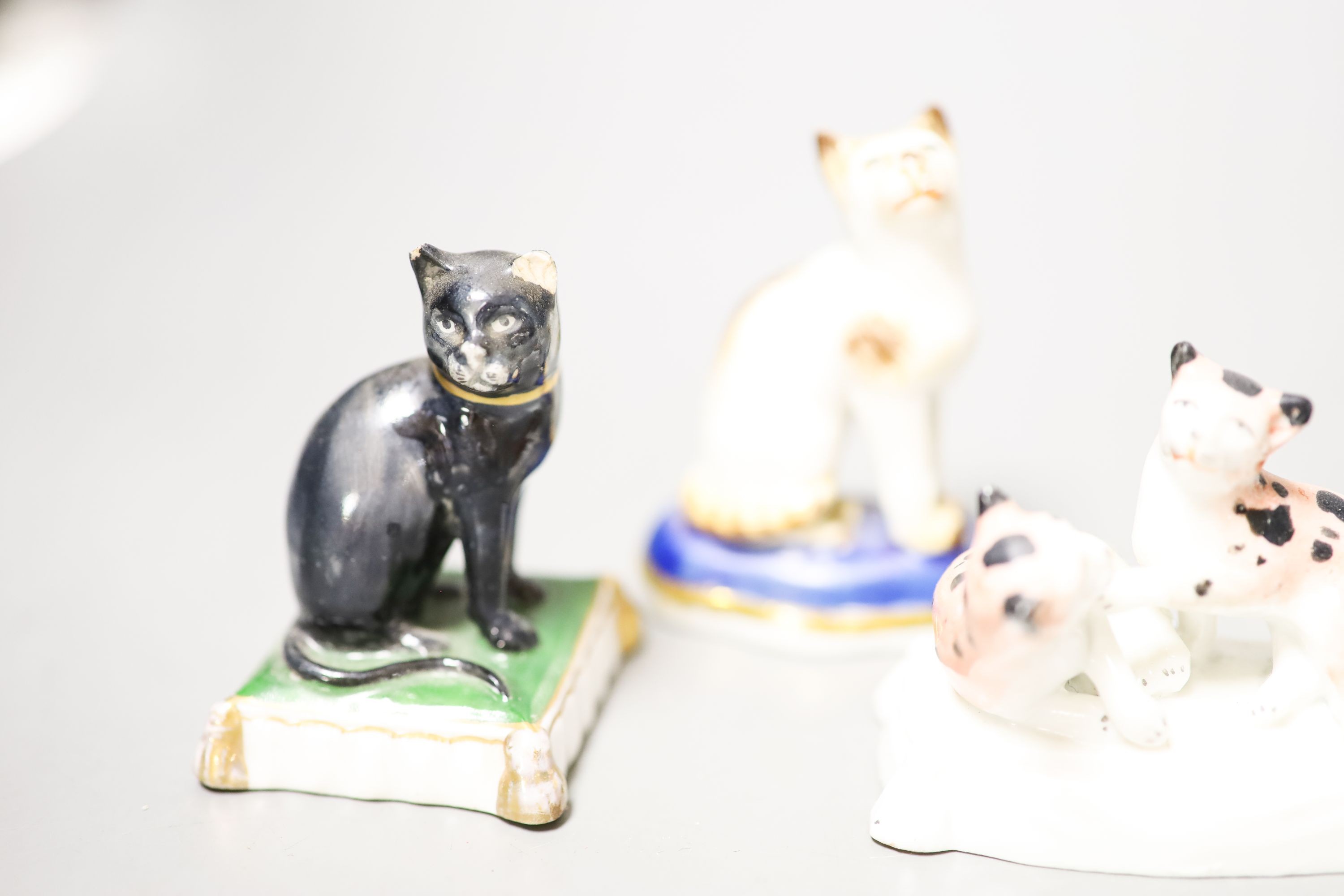 Six French porcelain cat figures or groups, and a similar sheep figure, late 19th century